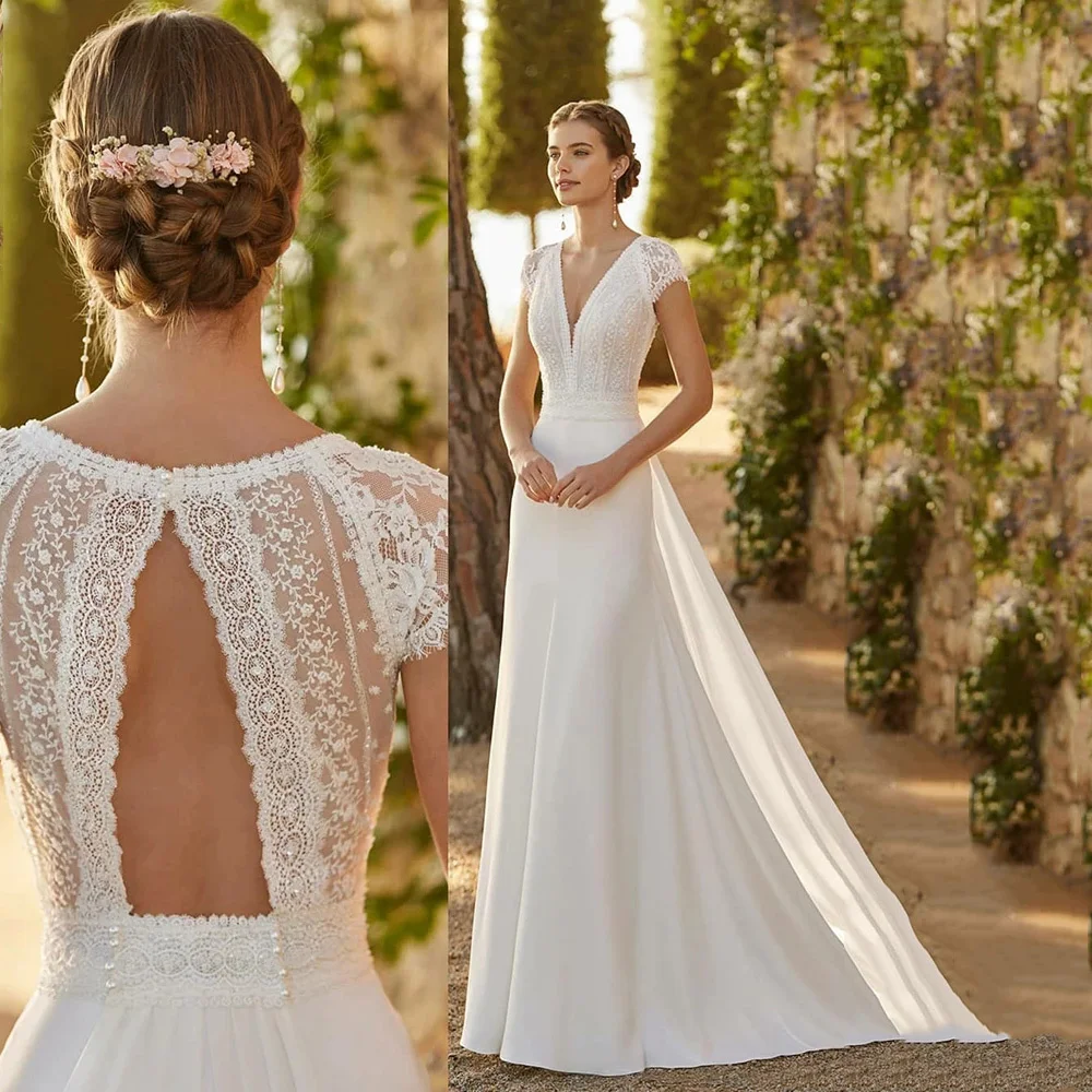 Ivory Lace Satin Modern Wedding Dresses With Detachable Train V-Neck Cap Sleeves Bride Gowns Plus Size Cut-Out Vestidos De Noiva