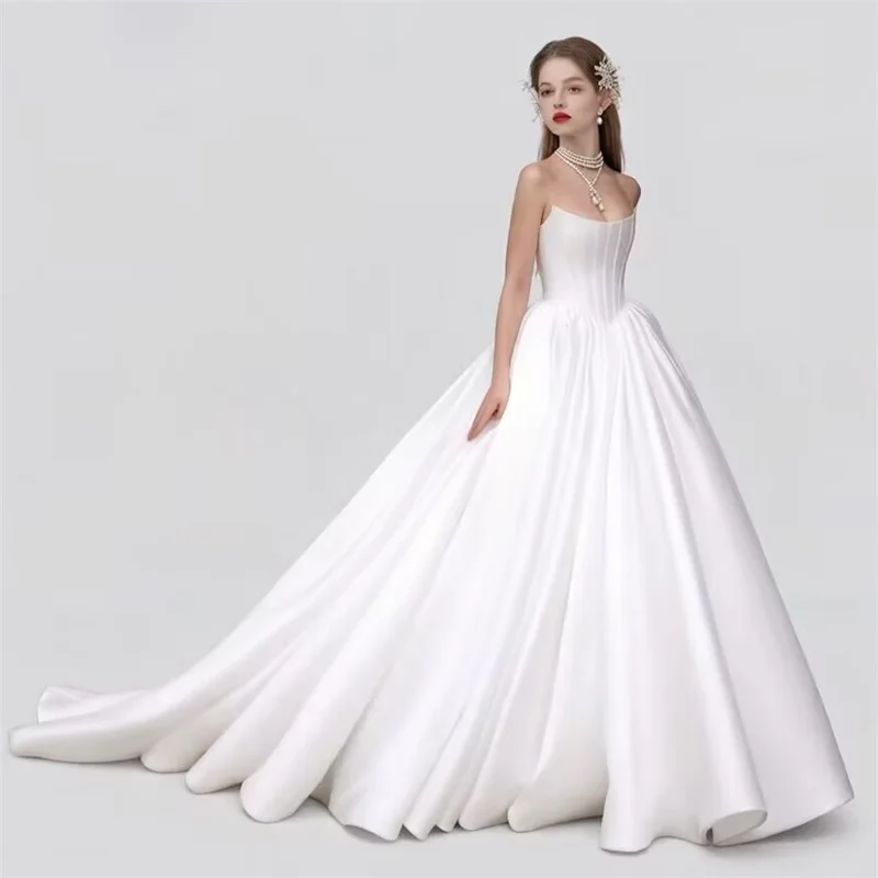 Customized Elegant Simple Satin Sweetheart A-line Wedding Dresses Sleeveless Princess Bridal Gowns robe de mariee with Pockets
