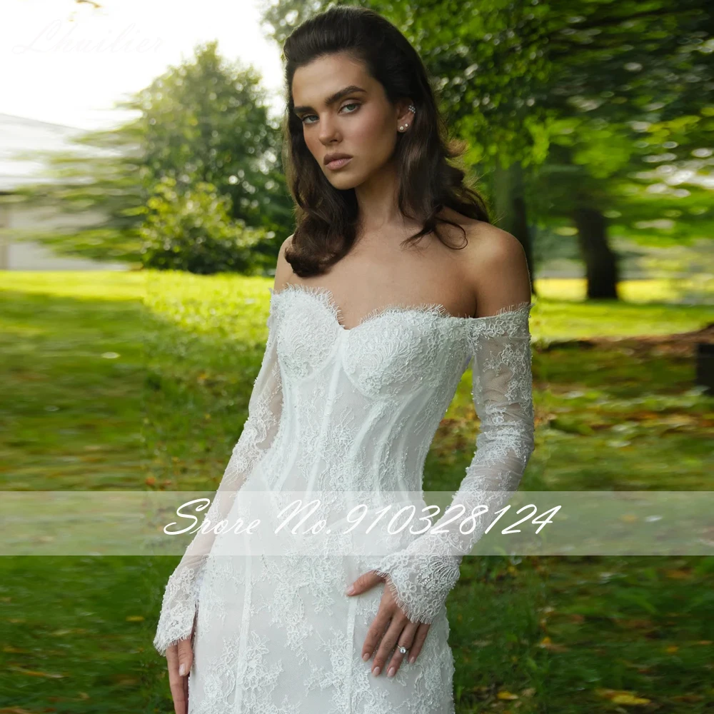 Lhuilier Customized Mermaid Lace Wedding Dresses Full Sleeves Off the Shoulder Beaded Bridal Gowns with Court Train