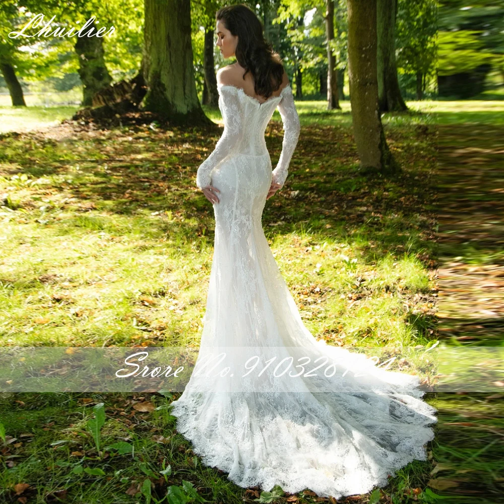 Lhuilier Customized Mermaid Lace Wedding Dresses Full Sleeves Off the Shoulder Beaded Bridal Gowns with Court Train