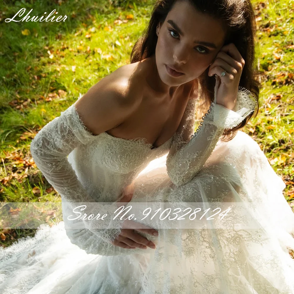 Lhuilier Customized Mermaid Lace Wedding Dresses Full Sleeves Off the Shoulder Beaded Bridal Gowns with Court Train