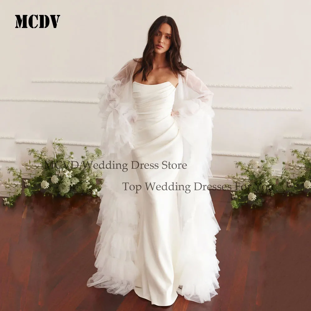 MCDV Strapless Mermaid Wedding Dress 2026 Simple Pleat Long Train Sleeveless Satin Reception Dress Button Back Customized