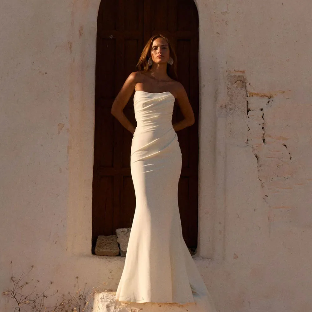 MCDV Strapless Mermaid Wedding Dress 2026 Simple Pleat Long Train Sleeveless Satin Reception Dress Button Back Customized