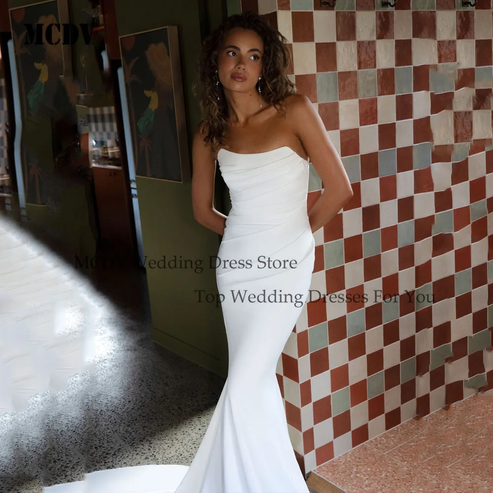 MCDV Strapless Mermaid Wedding Dress 2026 Simple Pleat Long Train Sleeveless Satin Reception Dress Button Back Customized
