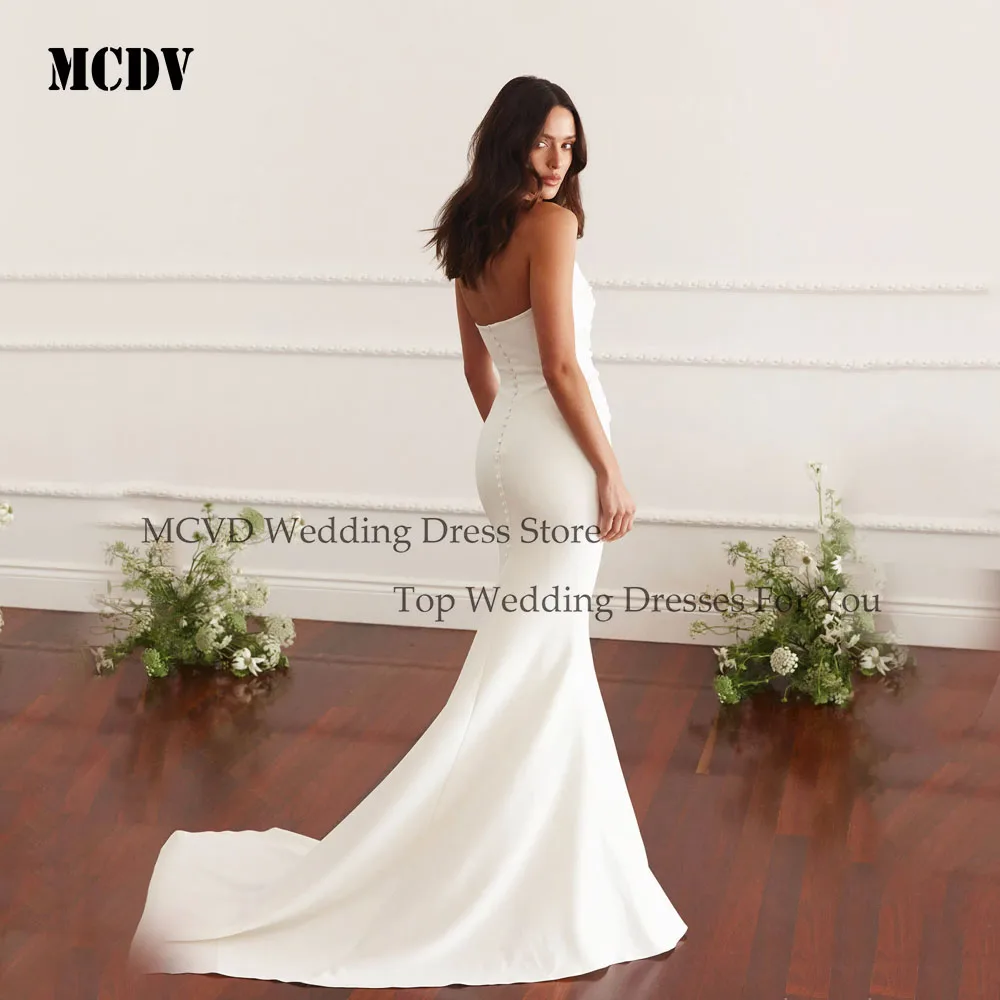 MCDV Strapless Mermaid Wedding Dress 2026 Simple Pleat Long Train Sleeveless Satin Reception Dress Button Back Customized