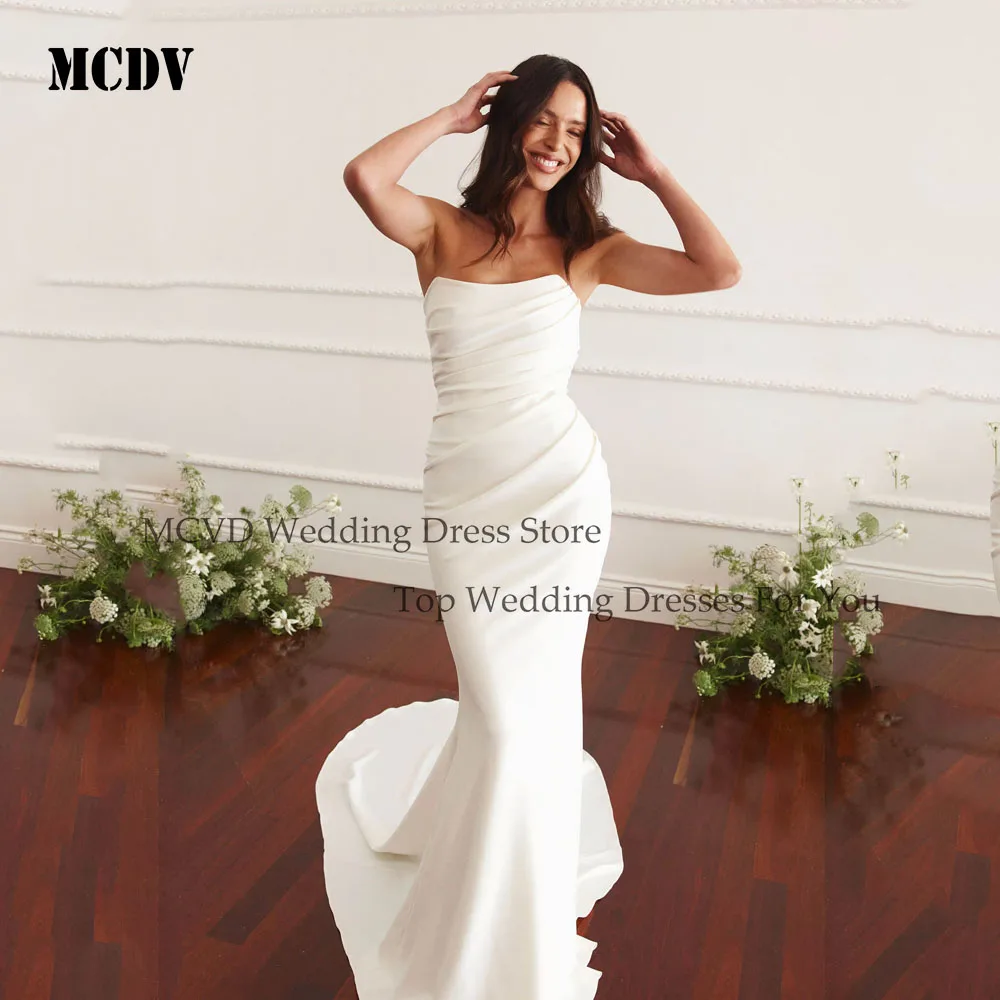 MCDV Strapless Mermaid Wedding Dress 2026 Simple Pleat Long Train Sleeveless Satin Reception Dress Button Back Customized