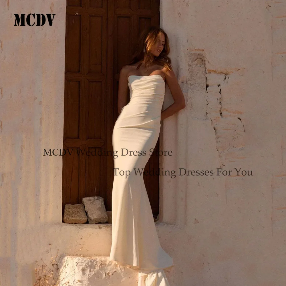 MCDV Strapless Mermaid Wedding Dress 2026 Simple Pleat Long Train Sleeveless Satin Reception Dress Button Back Customized