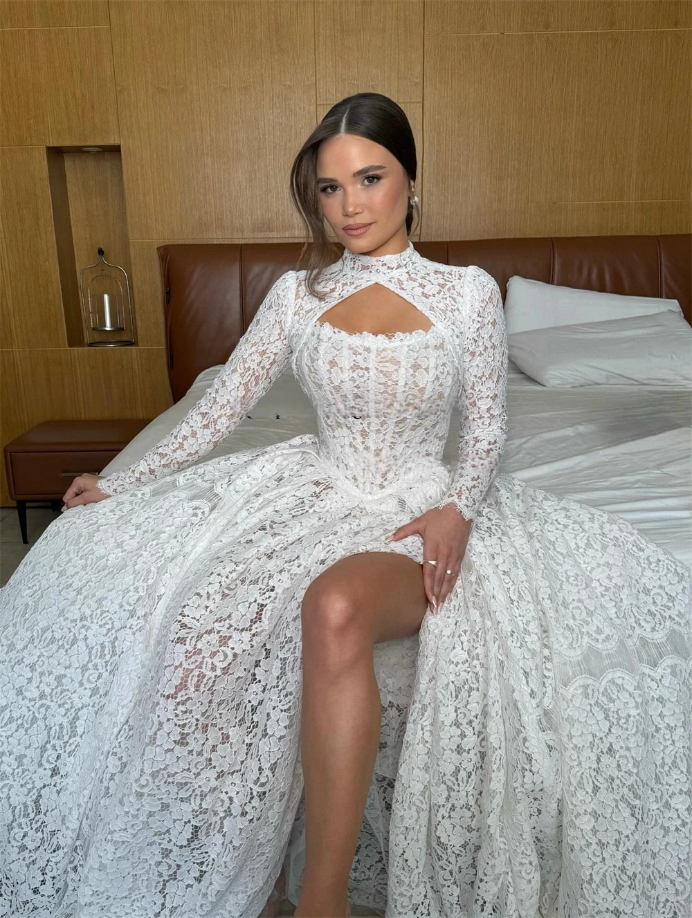 Rebecca Customized Vintage Cut-Out Lace Wedding Dress High Neck Long Sleeve Vestido De Novia Floor-Length Vestido De Novia Boda