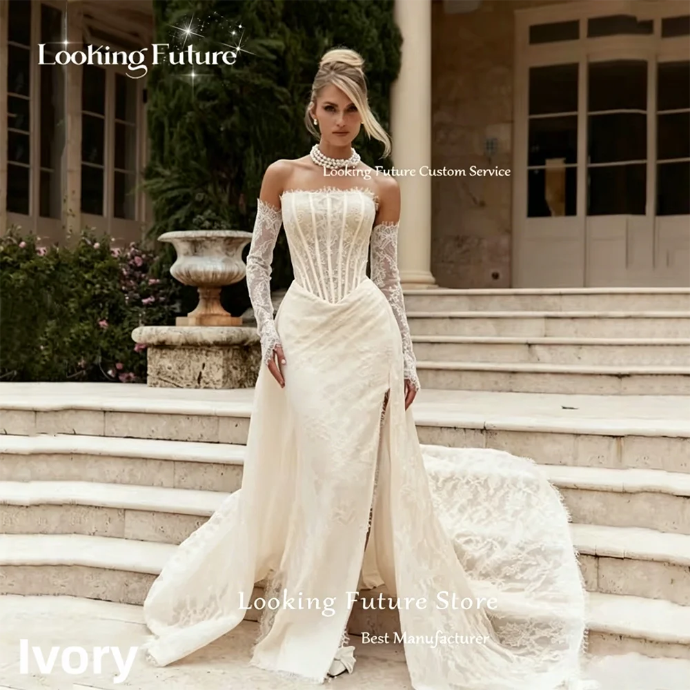 Customized Luxury Elegant Lace Appliques Mermaid Wedding Dresses White Sexy Strapless Backless Sleeveless High Slit Bridal Gowns