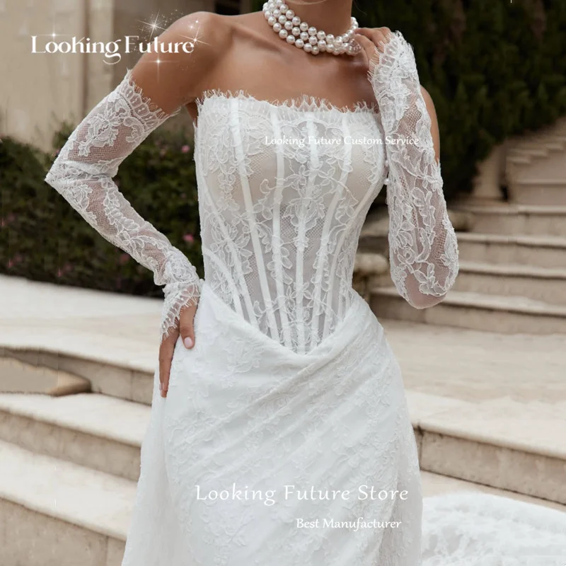 Customized Luxury Elegant Lace Appliques Mermaid Wedding Dresses White Sexy Strapless Backless Sleeveless High Slit Bridal Gowns
