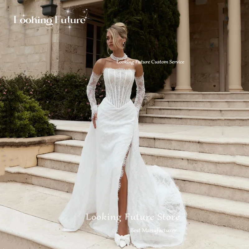 Customized Luxury Elegant Lace Appliques Mermaid Wedding Dresses White Sexy Strapless Backless Sleeveless High Slit Bridal Gowns