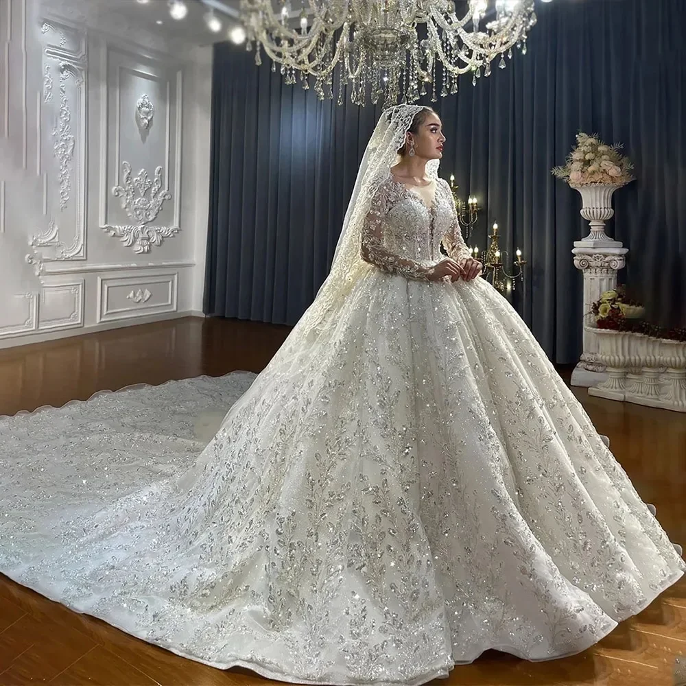 Customzied Gorgeous Long Sleeves Wedding Dress For Women Sequins Appliques Bridal Gown O-Neck Bridal dress Vestido De Novia