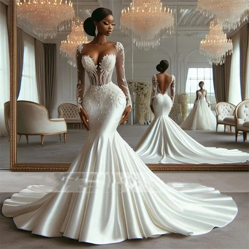 Flavinke Customized Long Sleeves Luxury Wedding Dresses Style Beaded Lace Appliques African Mermaid Illusion Vestidos De Novia