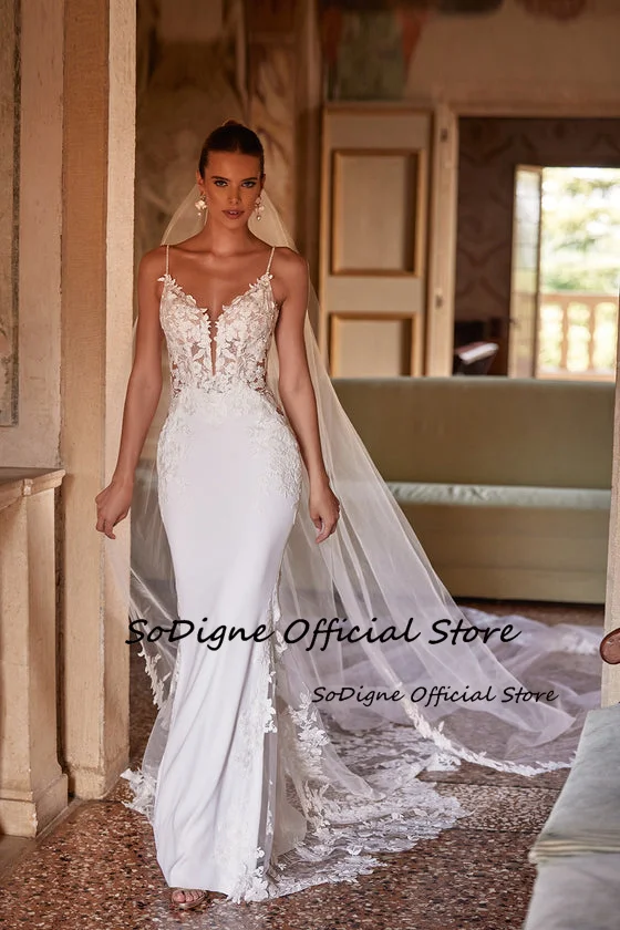SoDigne Mermaid Lace Applique Wedding Dresses V-neck Sleeveless Satin Bridal Dress Long Wedding Gown Robe De Mairee ﻿Customized