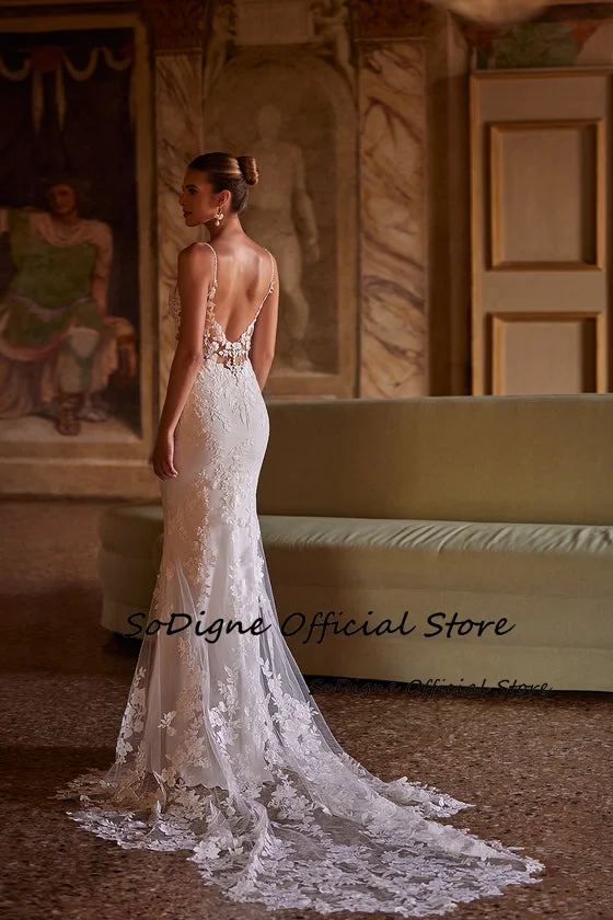 SoDigne Mermaid Lace Applique Wedding Dresses V-neck Sleeveless Satin Bridal Dress Long Wedding Gown Robe De Mairee ﻿Customized