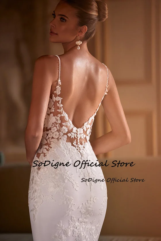 SoDigne Mermaid Lace Applique Wedding Dresses V-neck Sleeveless Satin Bridal Dress Long Wedding Gown Robe De Mairee ﻿Customized