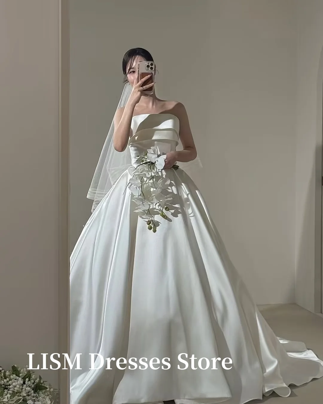 LISM Simple A-Line Korea Wedding Dresses Photo Shoot Soft Satin Sleeveless Floor Length Bridal Gowns웨딩드레스Customized Corsets