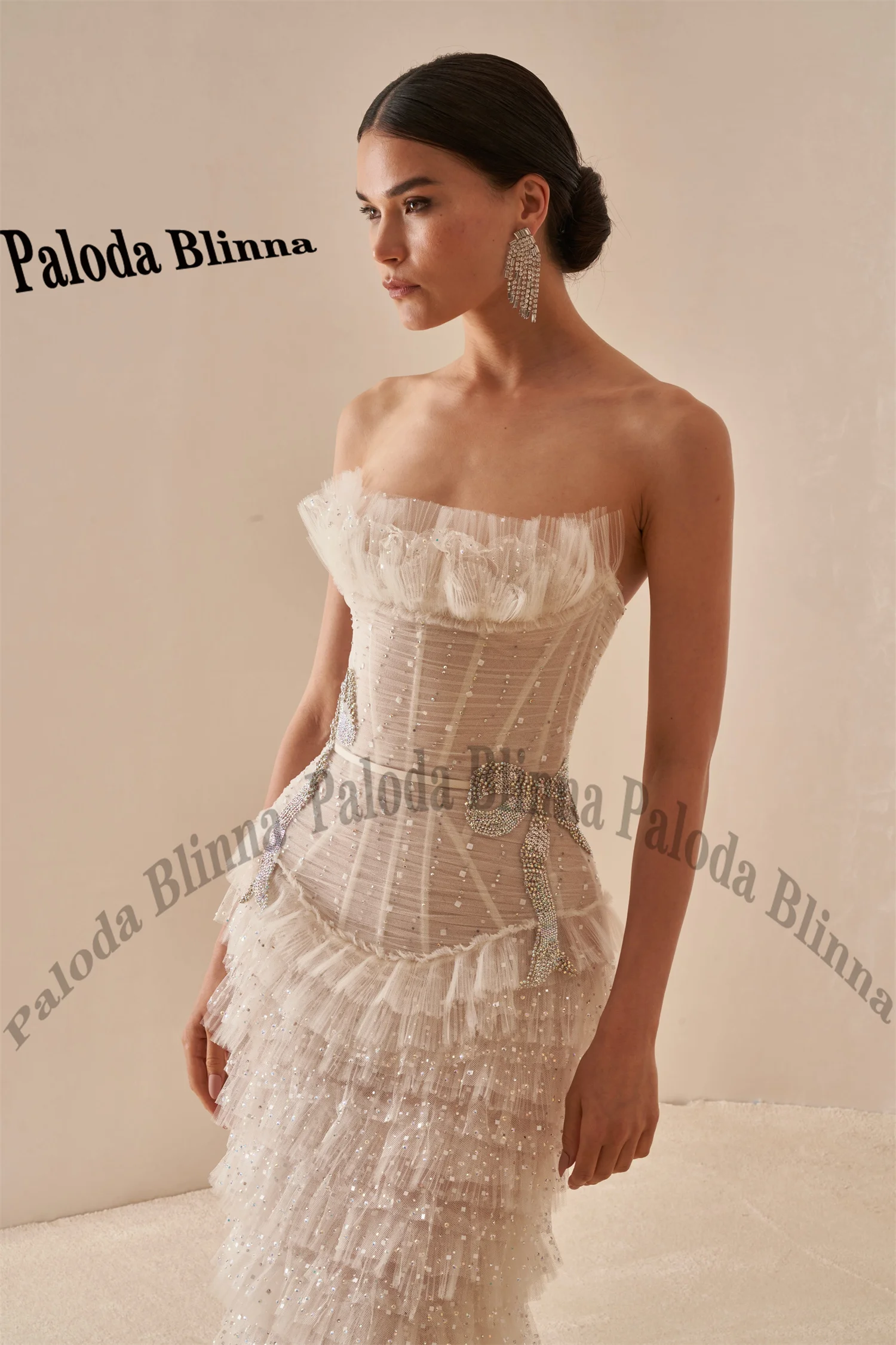 Paloda Charming Wedding Dress for Women with Tiered Mermaid Sleeveless Zipper Sequined Robe De Soiree De Mariage Customized