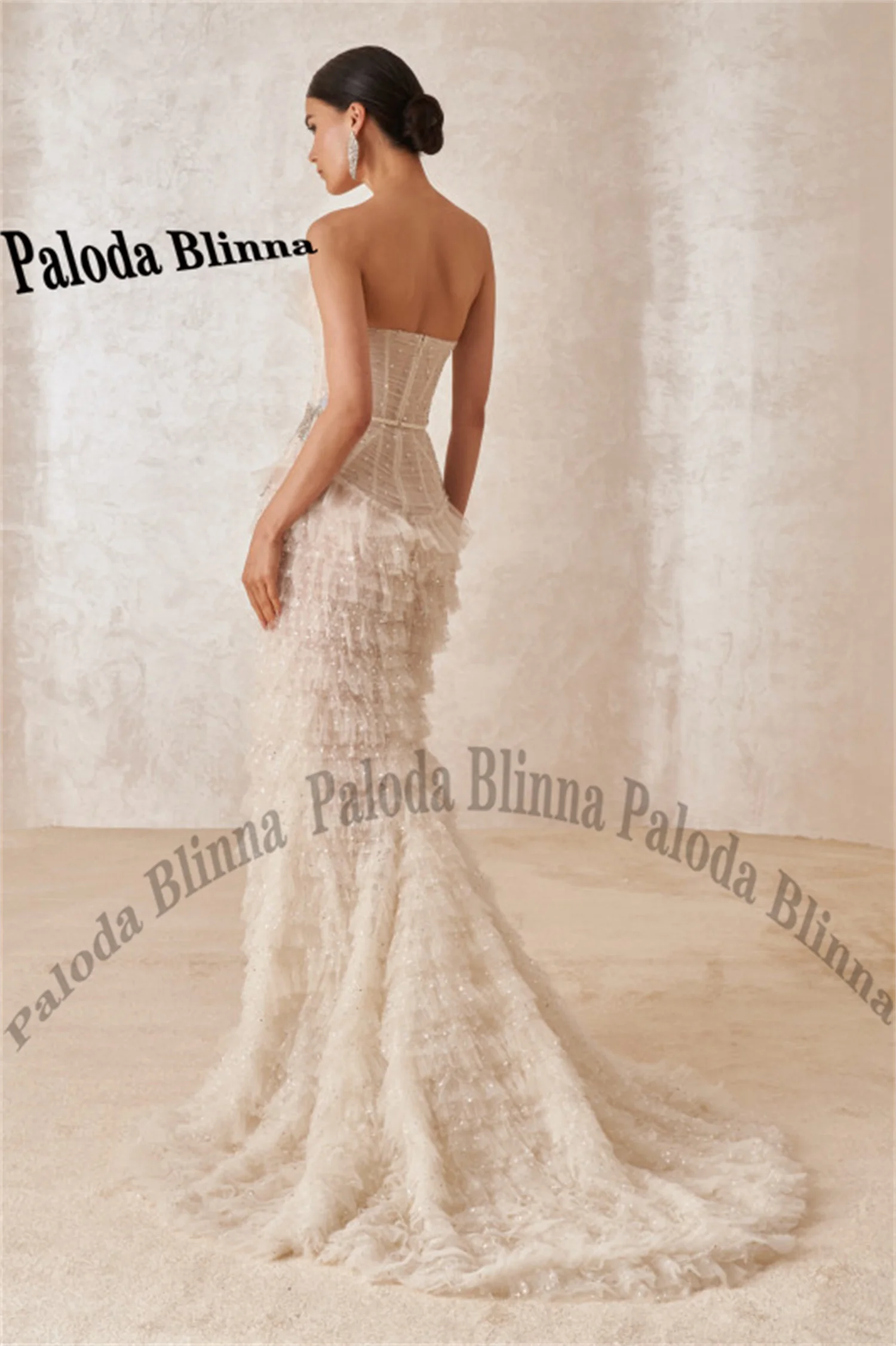 Paloda Charming Wedding Dress for Women with Tiered Mermaid Sleeveless Zipper Sequined Robe De Soiree De Mariage Customized