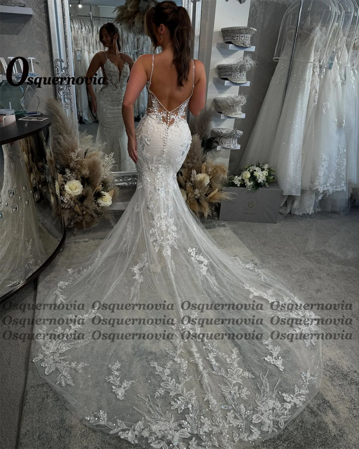 Osquernovia Exquisite Formal Wedding Gowns Appliques Spaghetti Straps Mermaid Button Vestidos De Novia Plus Size Customized