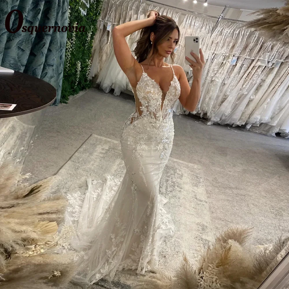 Osquernovia Exquisite Formal Wedding Gowns Appliques Spaghetti Straps Mermaid Button Vestidos De Novia Plus Size Customized