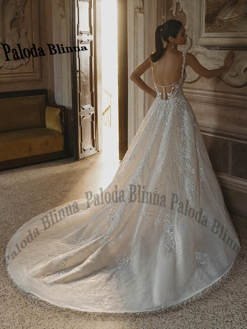 Paloda Luxury A-line Wedding Dresses for Bridal Spaghetti Straps Sweep Train Backless Lace Appliques Robe De Mariee Customized