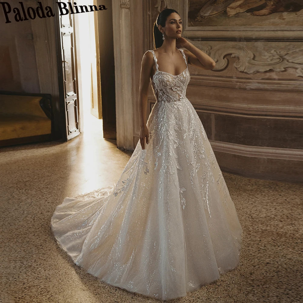 Paloda Luxury A-line Wedding Dresses for Bridal Spaghetti Straps Sweep Train Backless Lace Appliques Robe De Mariee Customized