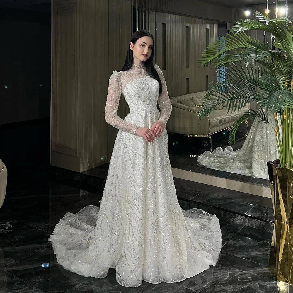 Luxury Beading Lace A-Line Wedding Dress Illusion Tulle High Neck Long Sleeve Bridal Floor Length Customized Sweep Train Gown