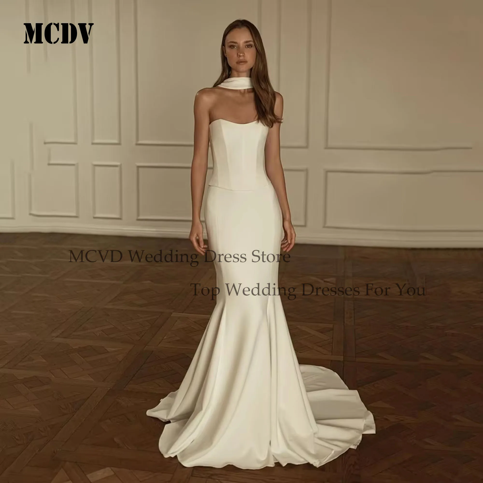 MCDV Satin Wedding Dress Shwal Sleeveless Strapless Mermaid Bride Gowns Sweep Train Bridal Gown Vestidos Noivas Casamento Civil