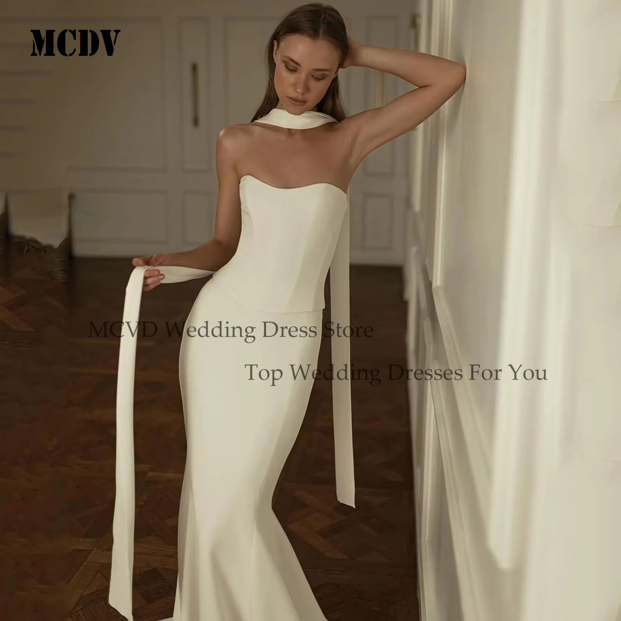 MCDV Satin Wedding Dress Shwal Sleeveless Strapless Mermaid Bride Gowns Sweep Train Bridal Gown Vestidos Noivas Casamento Civil