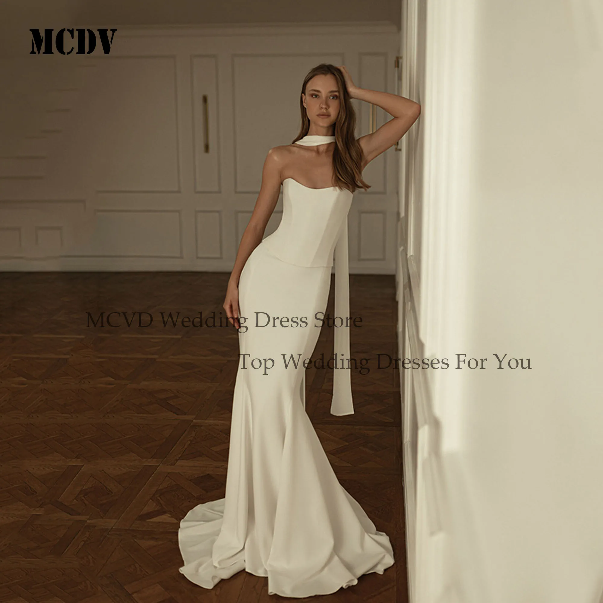 MCDV Satin Wedding Dress Shwal Sleeveless Strapless Mermaid Bride Gowns Sweep Train Bridal Gown Vestidos Noivas Casamento Civil