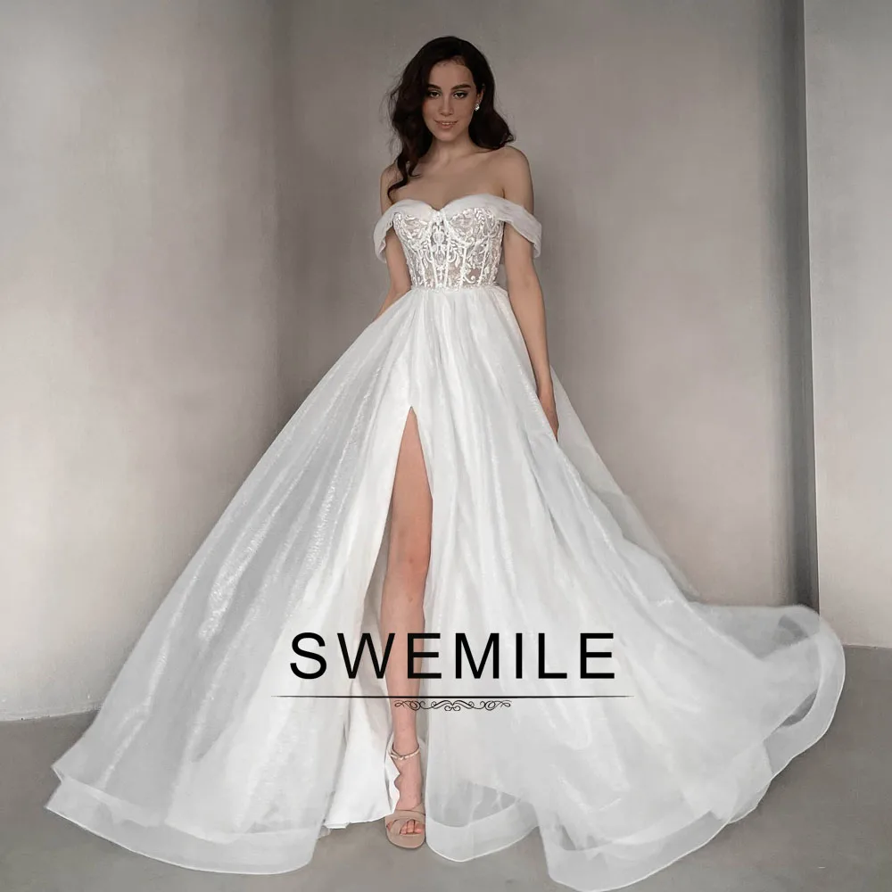 SWEMILE Fashion Slit Wedding Dresses for Bride Off the Shoulder Appliques Buttons A-line Vestidos De Novia Plus Size Customized