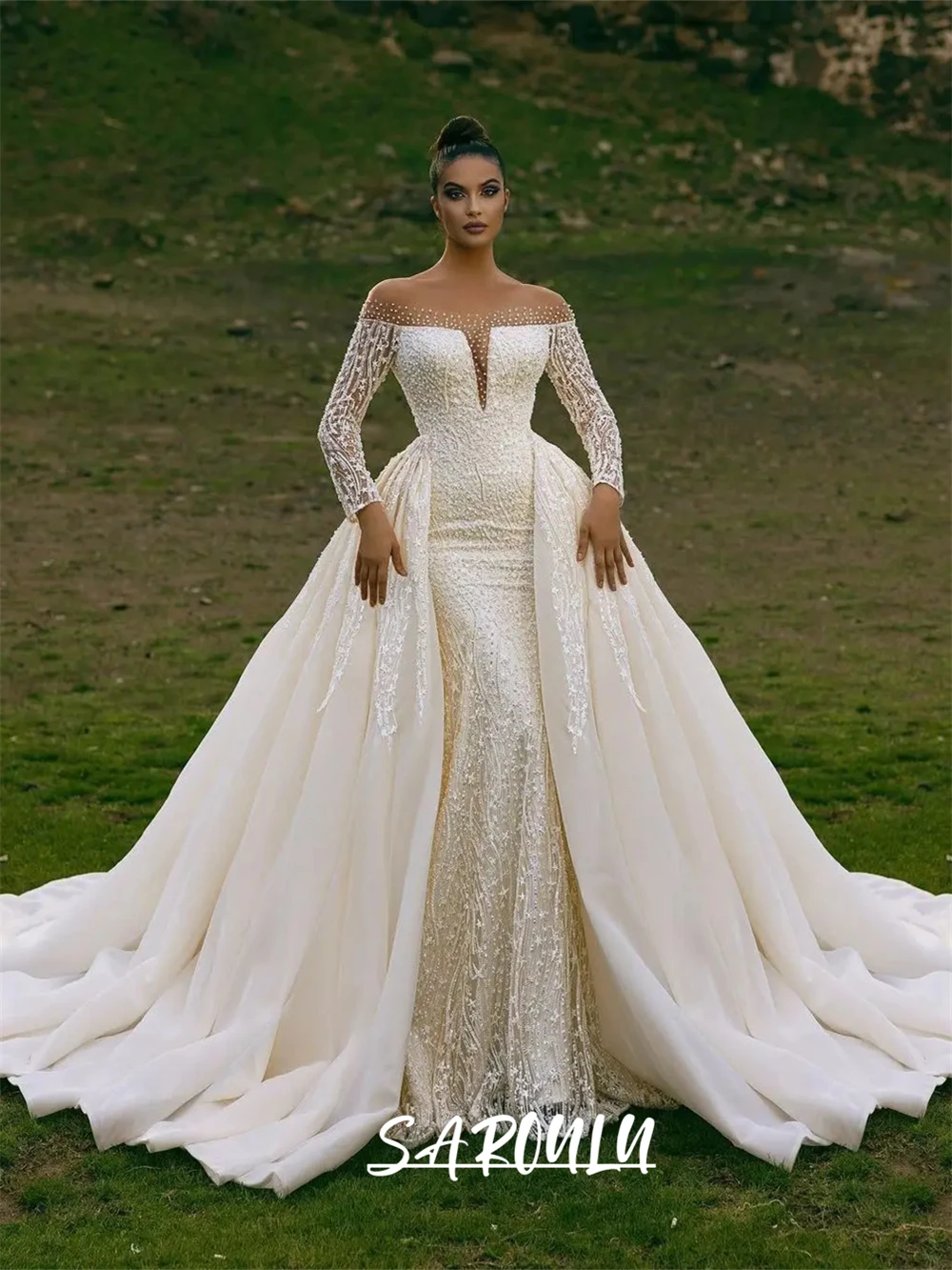 Mermaid Wedding Dress with Detachable Train Long Off Shoulder Sleeves Lace Appliques Luxury Women Bride Dresses SAROULU Bridal