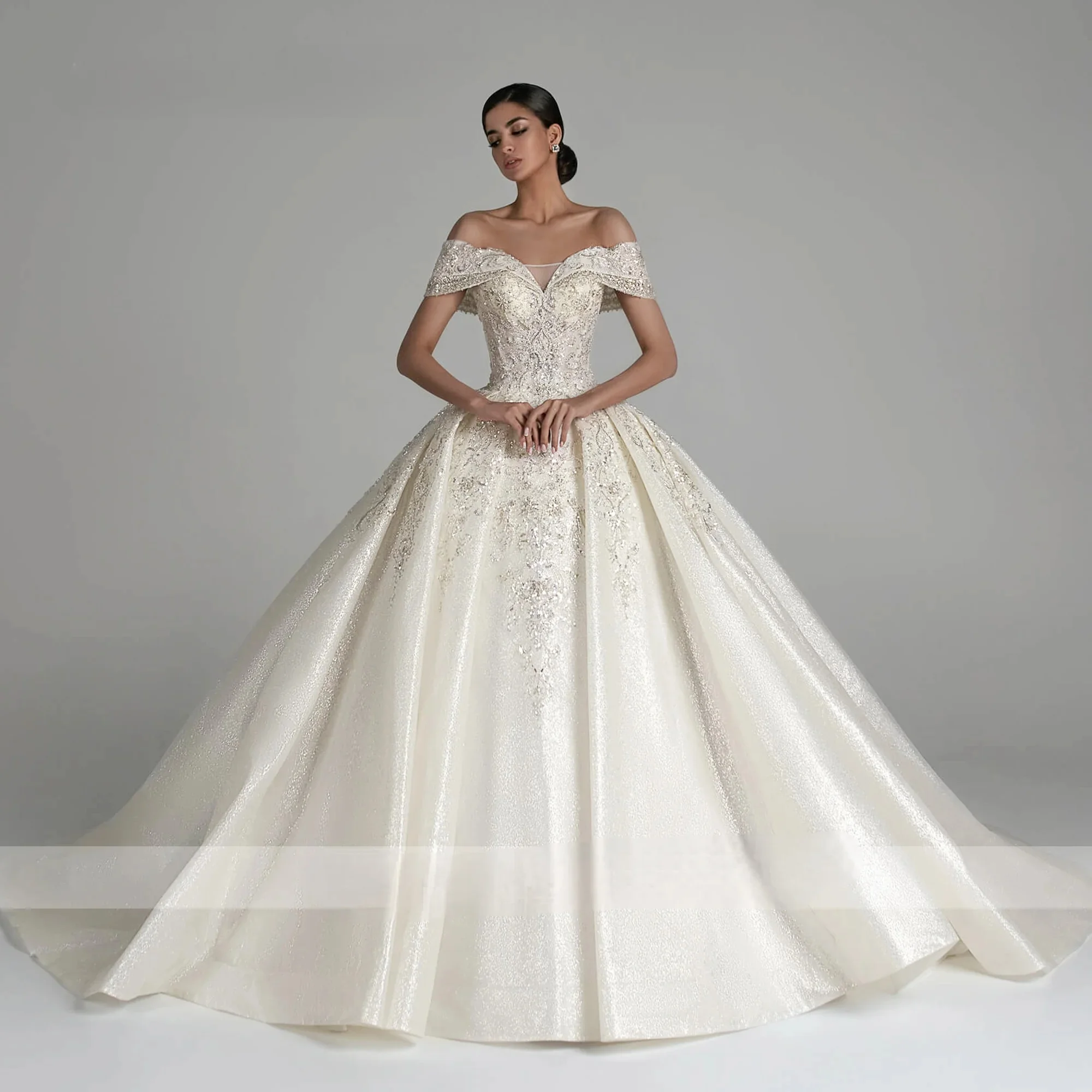 Customized Ball Gown Wedding Dresses For Women Luxury Off Shoulder Sparkling Tulle Crystal Wedding Gown Vestidos De Novia