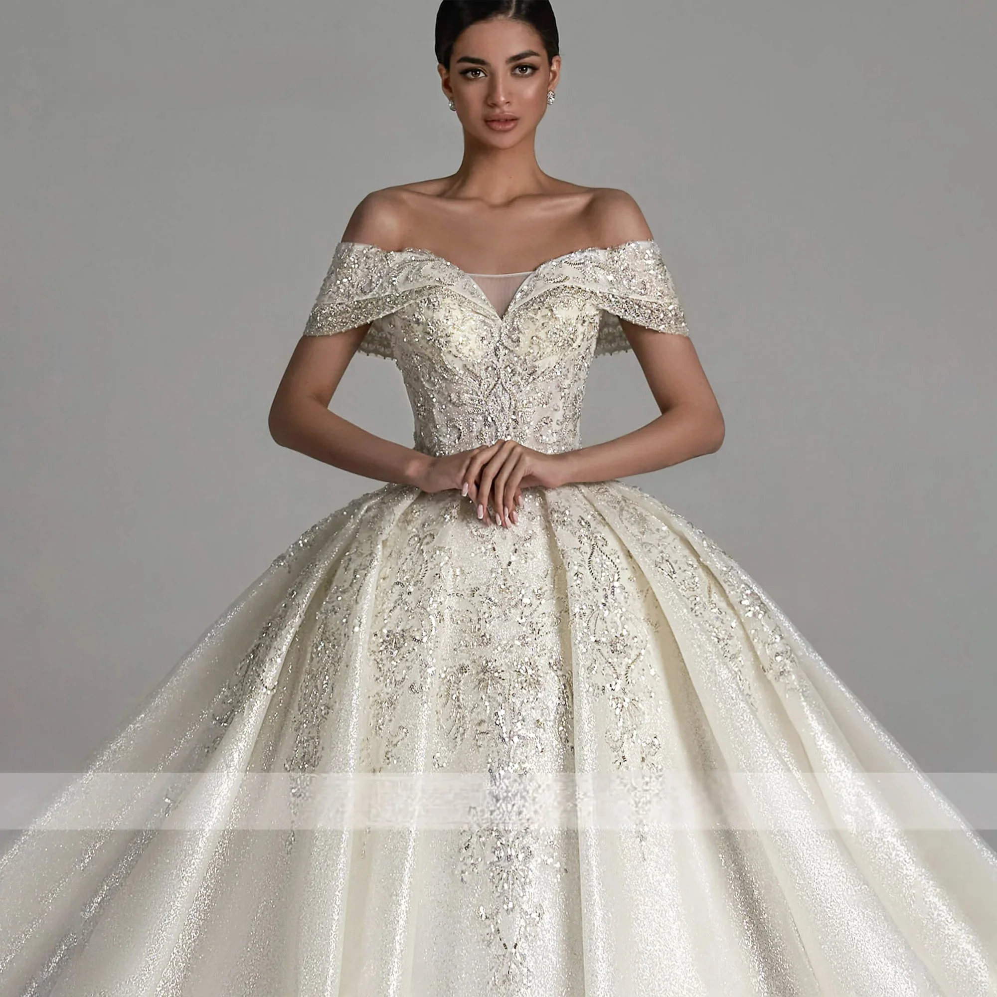 Customized Ball Gown Wedding Dresses For Women Luxury Off Shoulder Sparkling Tulle Crystal Wedding Gown Vestidos De Novia
