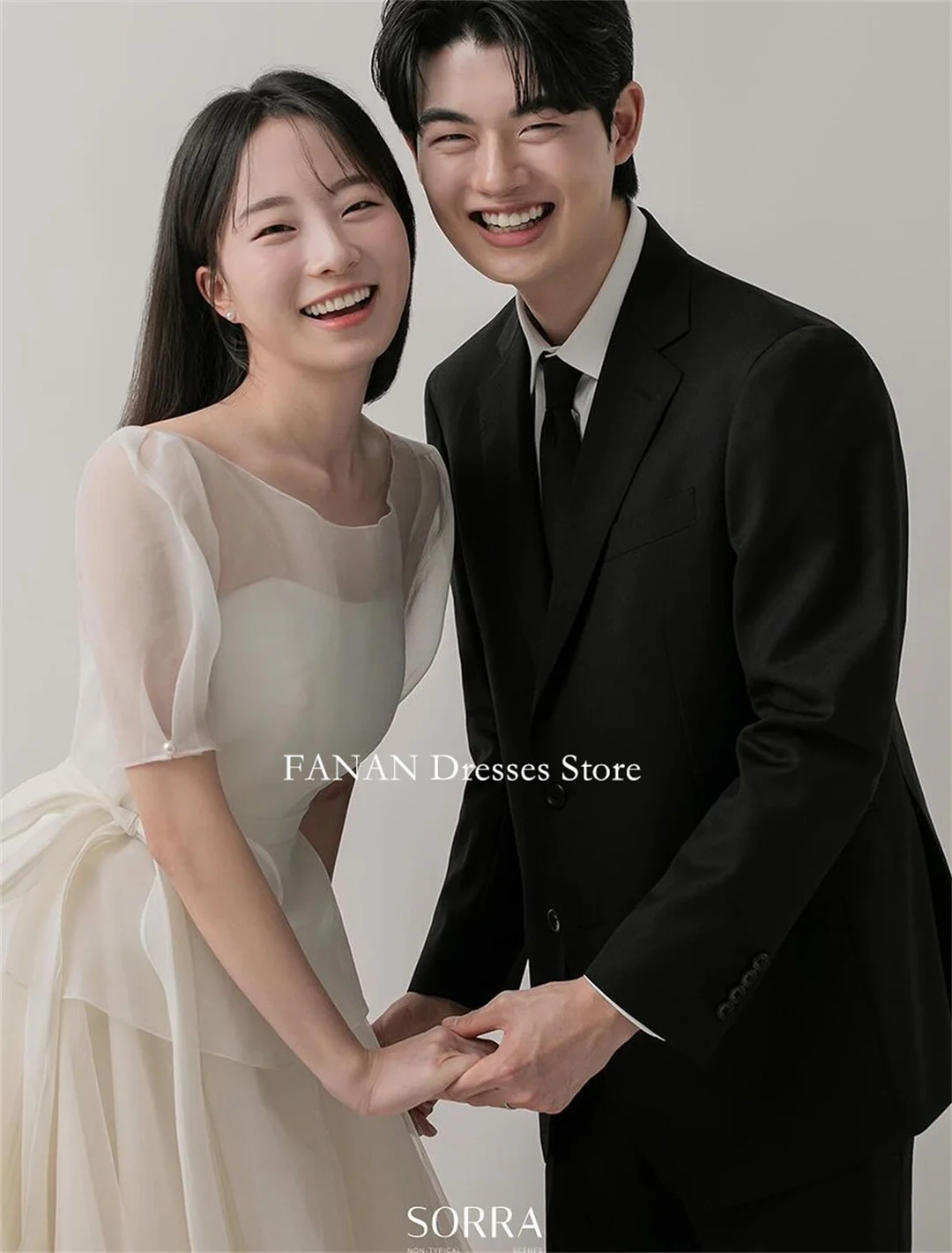 FANAN O-Neck Korea White Floor Length A-Line Two Pieces Organza Wedding Dresses 웨딩드레스 Customized Bride Gowns Plus Size