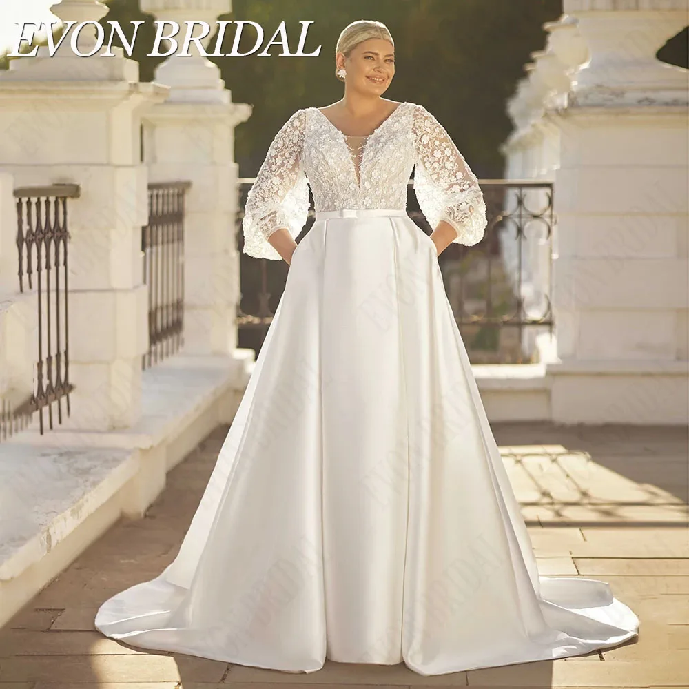 EVON BRIDAL V-Neck Plus Size Wedding Dresses For Women Puff Sleeves Sequin Bride Gown With Pockets Classic Satin Bridal Dresses