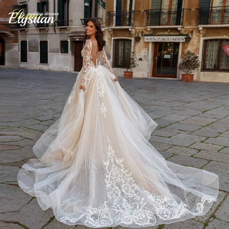 Customized Bride Dress Mermaid Detachable 2 In 1 Wedding Dress Lace O-Neck Fullsleeve Vestido De Novia