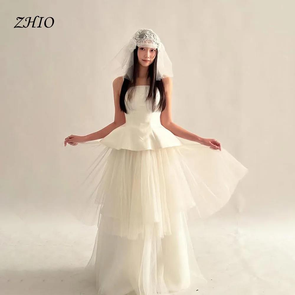 ZHIO Simple Straps Pleat A Line Tulle Ivory Wedding Dresses Photoshoot Korea Bride Gowns Corset/Zipper Back Customized 웨딩드레