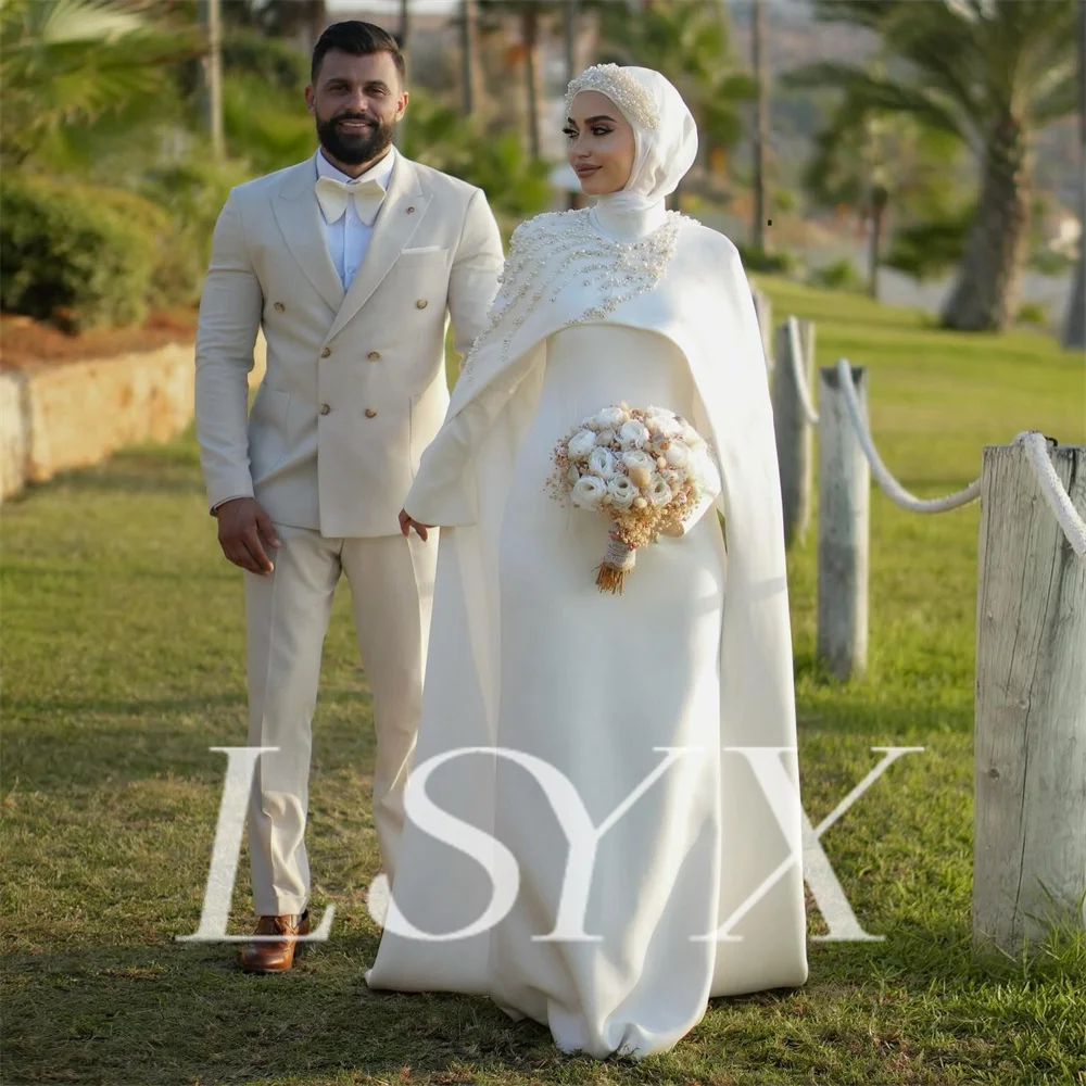 LSYX Muslim Beaded Coat O Neck Long Sleeves Mermaid Wedding Dress Crepe Zipper Back Floor Length Bridal Gown Custom Made