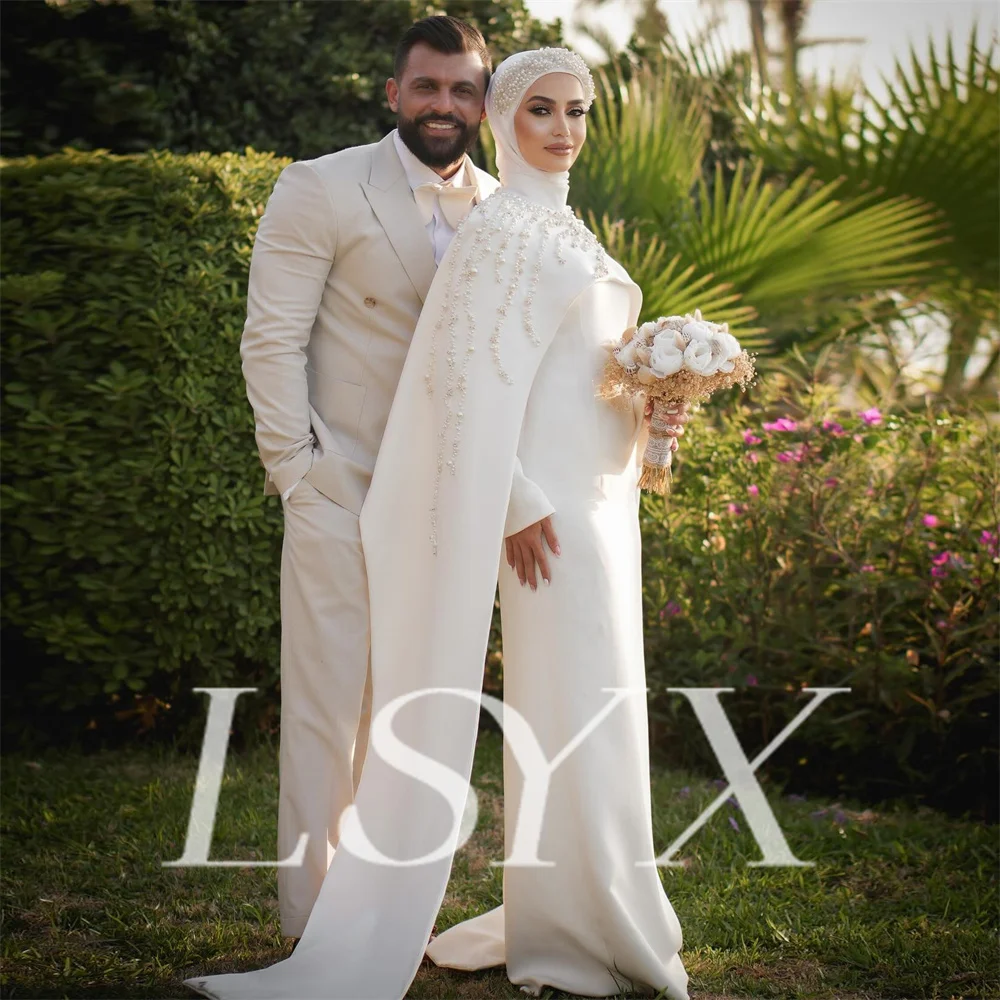 LSYX Muslim Beaded Coat O Neck Long Sleeves Mermaid Wedding Dress Crepe Zipper Back Floor Length Bridal Gown Custom Made