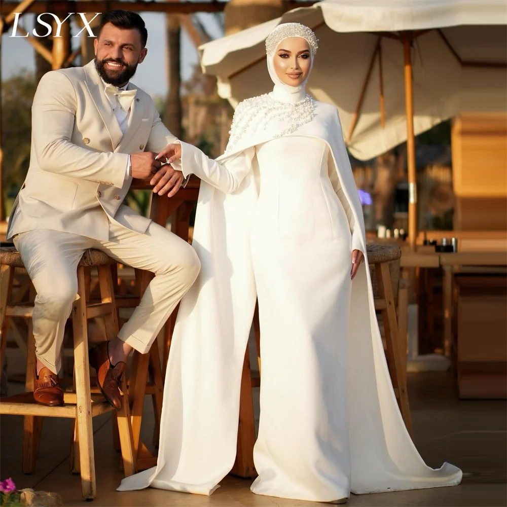 LSYX Muslim Beaded Coat O Neck Long Sleeves Mermaid Wedding Dress Crepe Zipper Back Floor Length Bridal Gown Custom Made