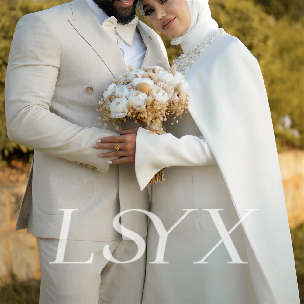 LSYX Muslim Beaded Coat O Neck Long Sleeves Mermaid Wedding Dress Crepe Zipper Back Floor Length Bridal Gown Custom Made