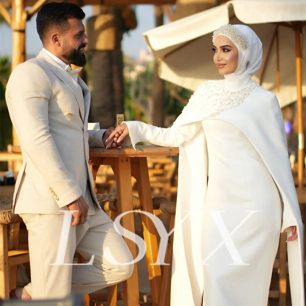 LSYX Muslim Beaded Coat O Neck Long Sleeves Mermaid Wedding Dress Crepe Zipper Back Floor Length Bridal Gown Custom Made