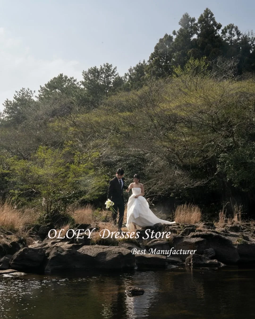 OLOEY Strapless Korea Princess Wedding Dresses 웨딩드레스 Organza Ivory Sleeveless Ruched Customized Pretty Bride Gowns Plus Size