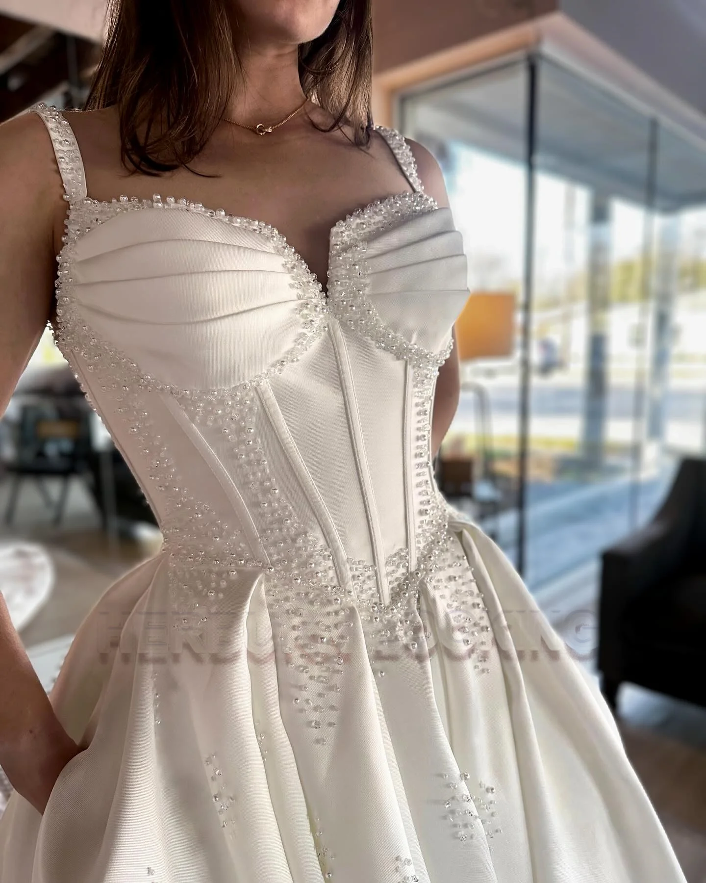 HERBURN Trendy Pockets Wedding Dresses for Women Bride Spaghetti Straps Corset Pearls Vestidos De Novia Brautmode Customized