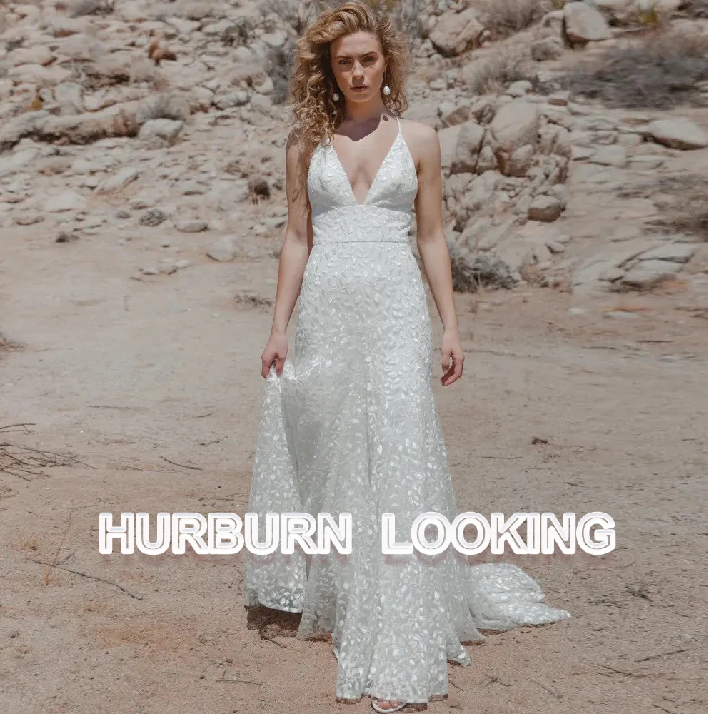 HERBURN Trendy Pockets Wedding Dresses for Women Bride Spaghetti Straps Corset Pearls Vestidos De Novia Brautmode Customized