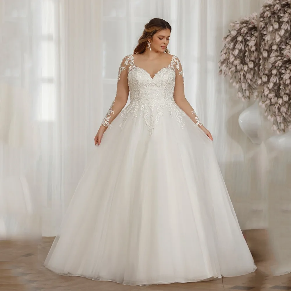 Plus Size V Neck Wedding Dresses Long Sleeves Appliques Back Lace Up Tulle Bride Gowns A-Line Vestidos De Novia