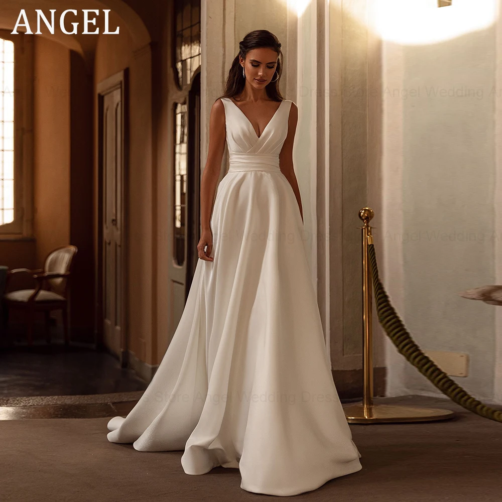 ANGEL Modern V-Neck Wedding Dress Customized Sleeveless Satin Simple A-Line Bride Gown Backless Sweep Train Vestido de novia