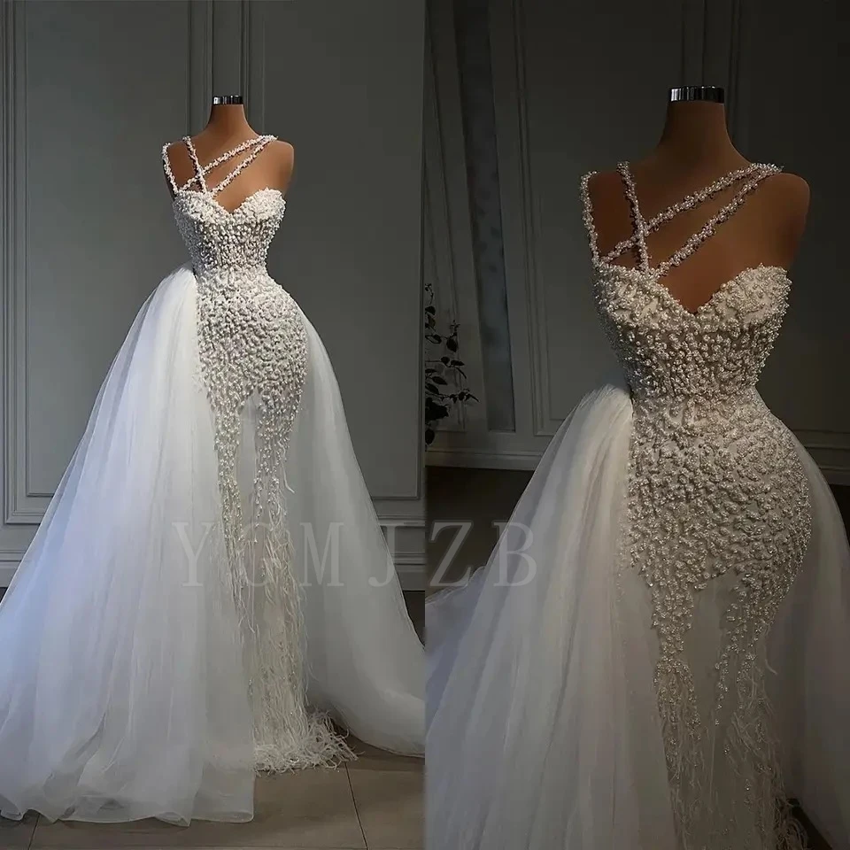 Pearls Beaded Wedding Dress Luxury Spaghetti Straps Feather with Overskirt White Bridal Gown 2 in1 Robe de mariée Customized